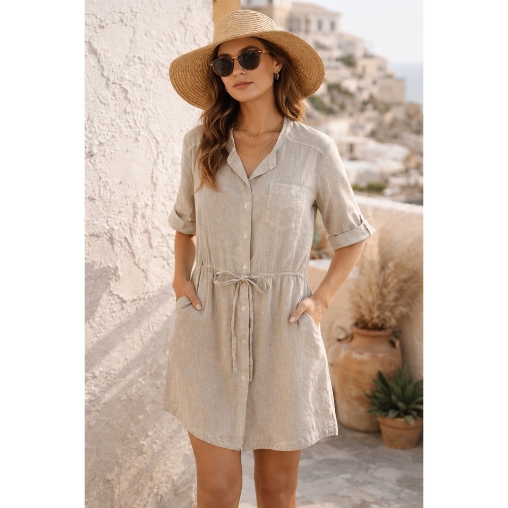 Standard James Perse Linen Utility Shirt Dress Drawstring Ecru Beige Tan Size 4